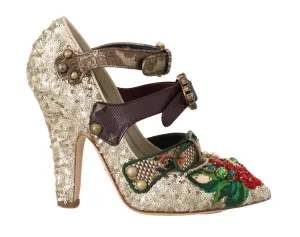 Gold Sequined Crystal Studs Heels Shoes