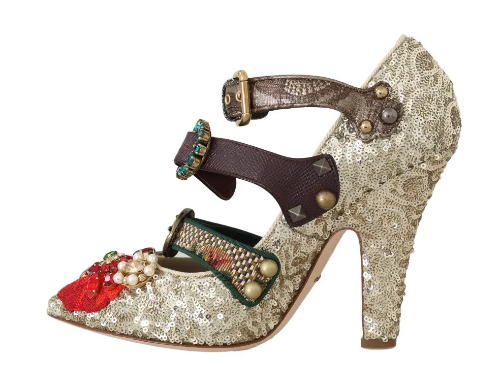 Gold Sequined Crystal Studs Heels Shoes