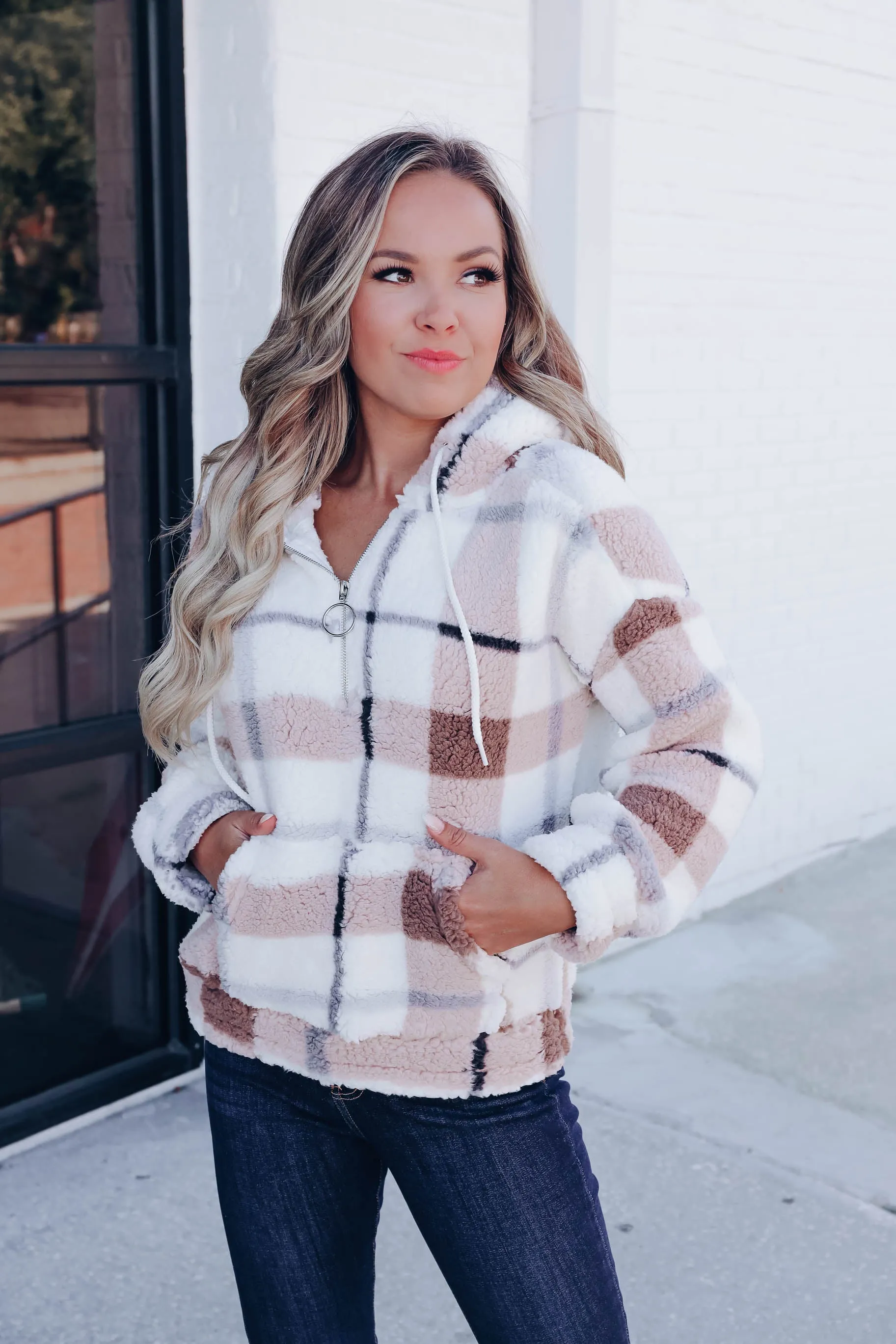 High Peaks Plaid Sherpa Hoodie - Ivory/Blue