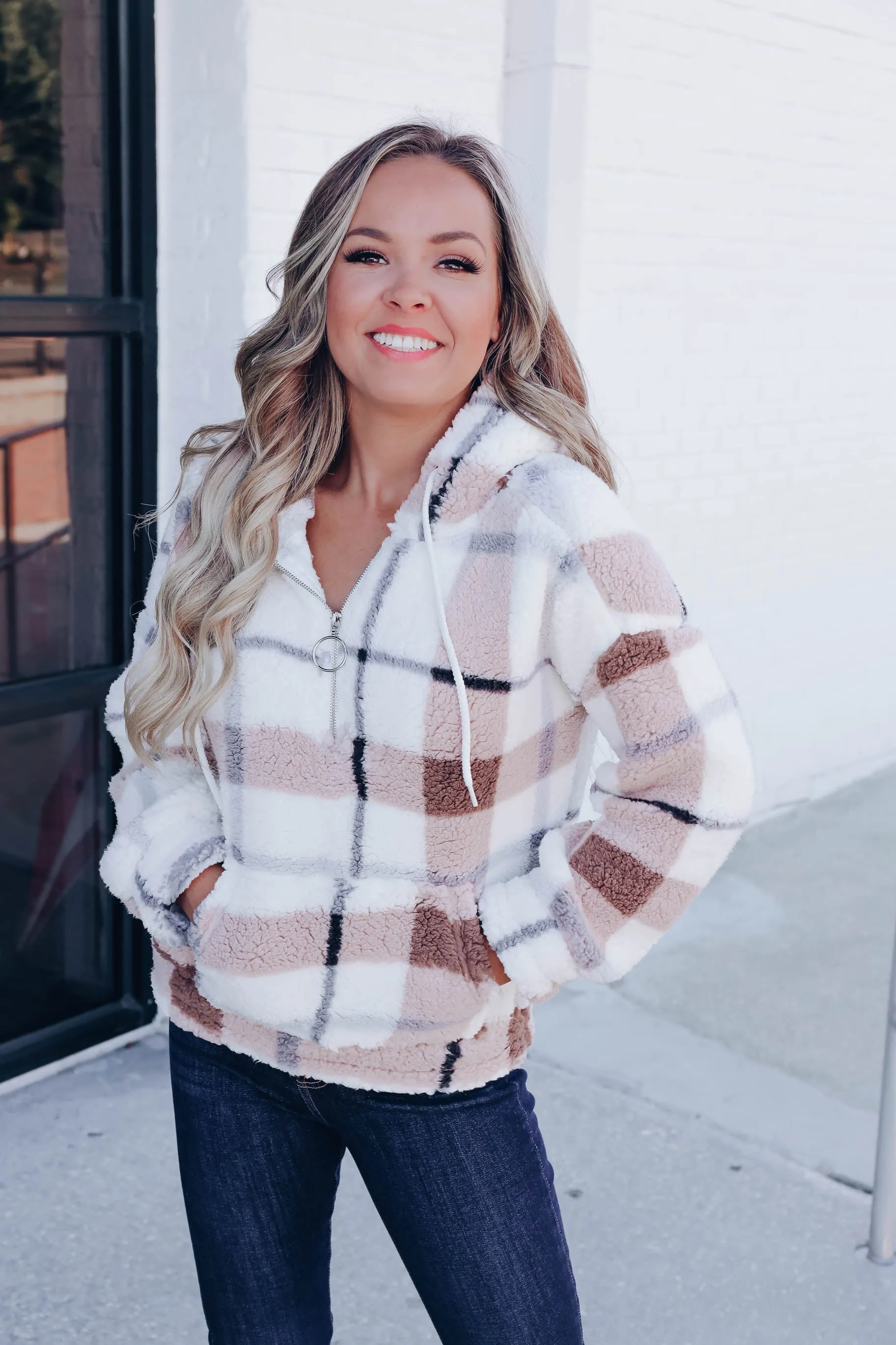 High Peaks Plaid Sherpa Hoodie - Ivory/Blue