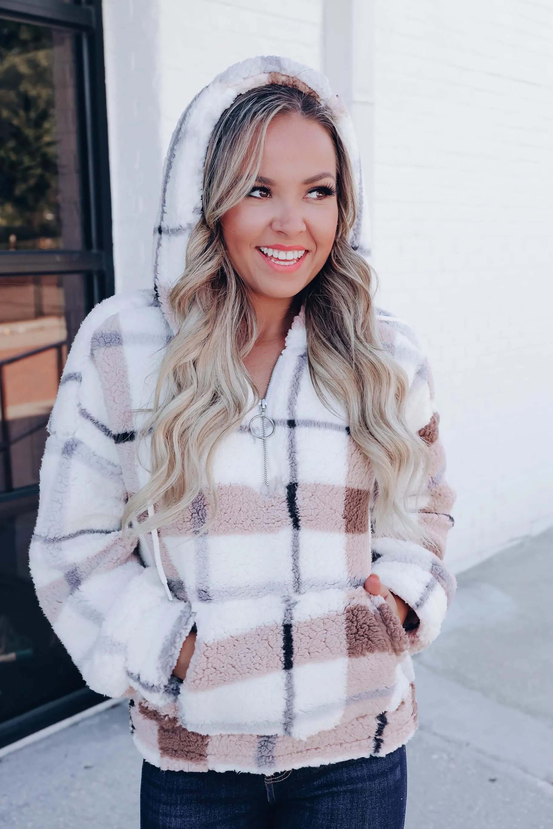 High Peaks Plaid Sherpa Hoodie - Ivory/Blue