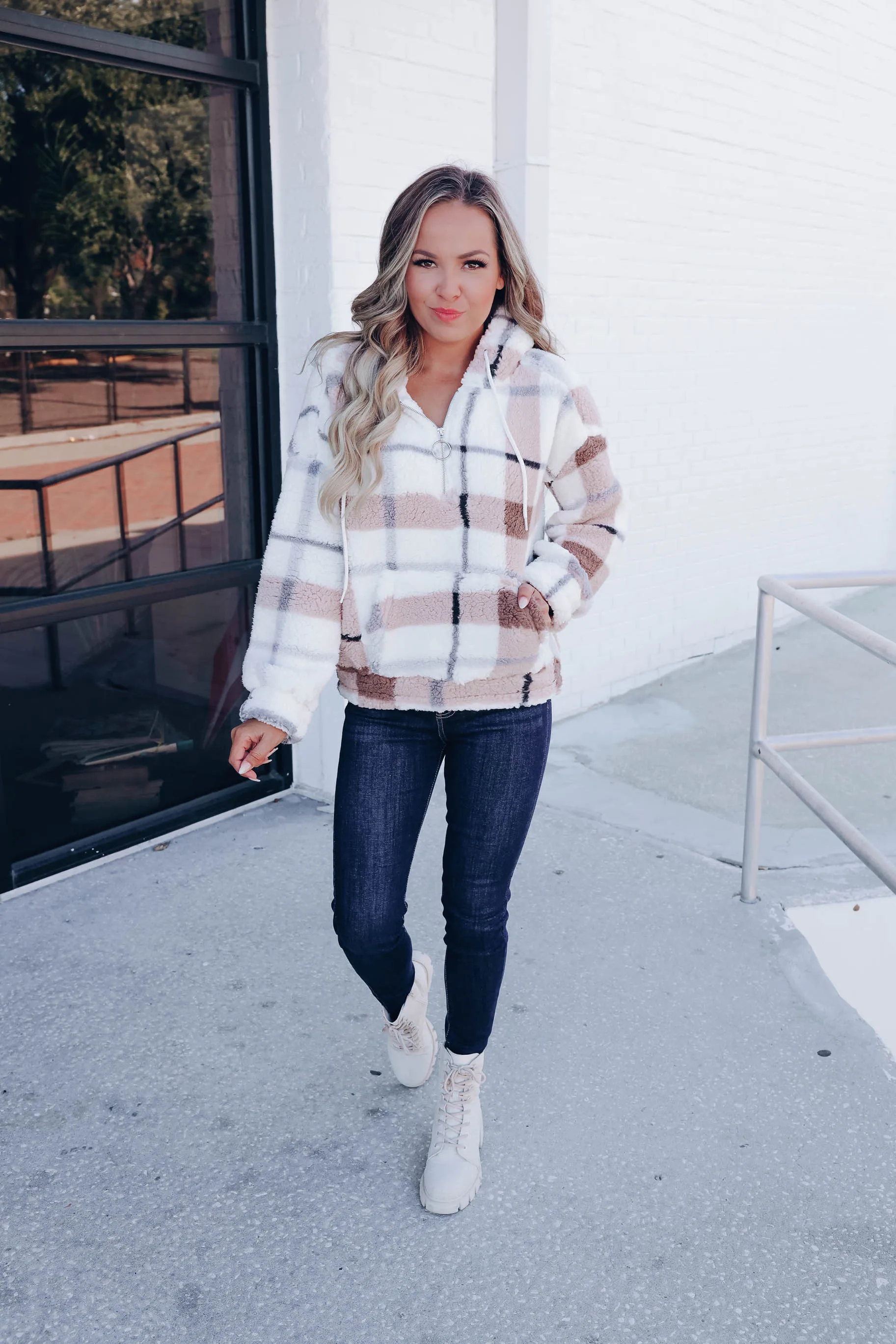 High Peaks Plaid Sherpa Hoodie - Ivory/Blue