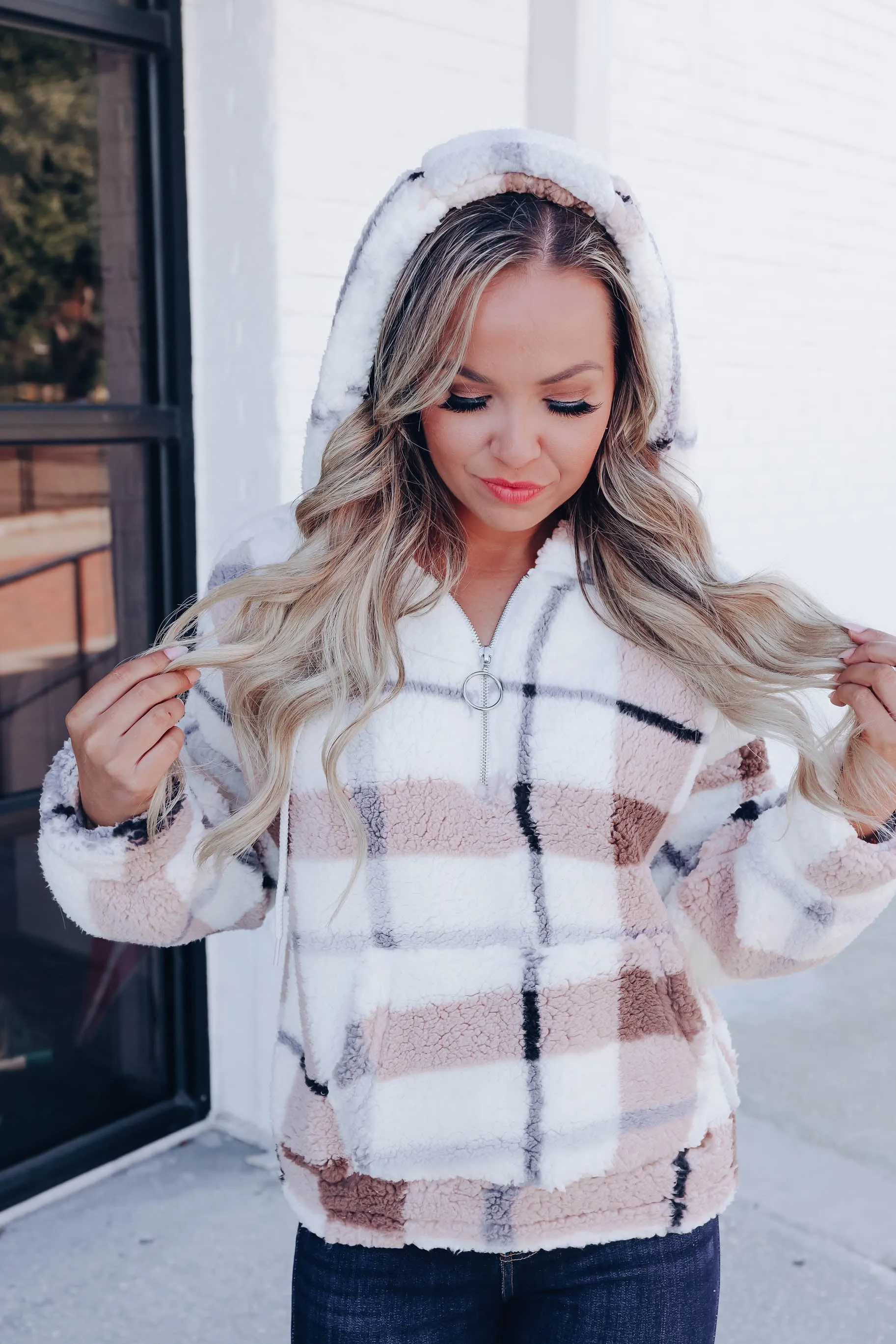 High Peaks Plaid Sherpa Hoodie - Ivory/Blue