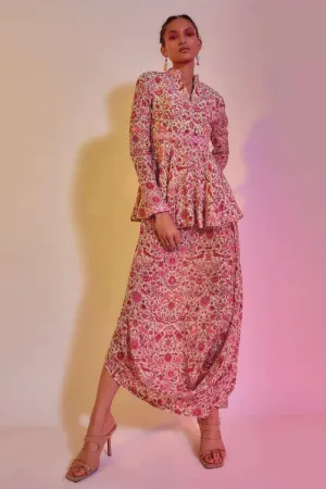 IVORY SAANJH FLORAL PRINT PEPLUM TOP WITH DRAPE SKIRT