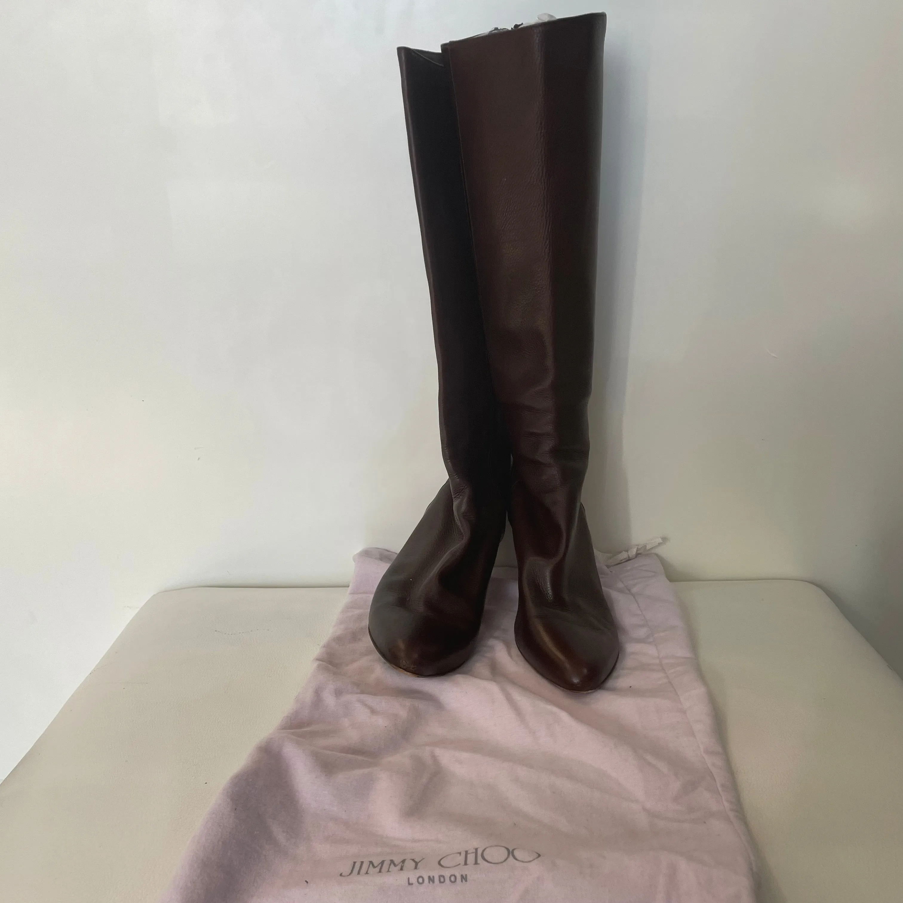 JIMMY CHOO Dark Brown Leather Knee High Boots Size 37 w/ Dustbag