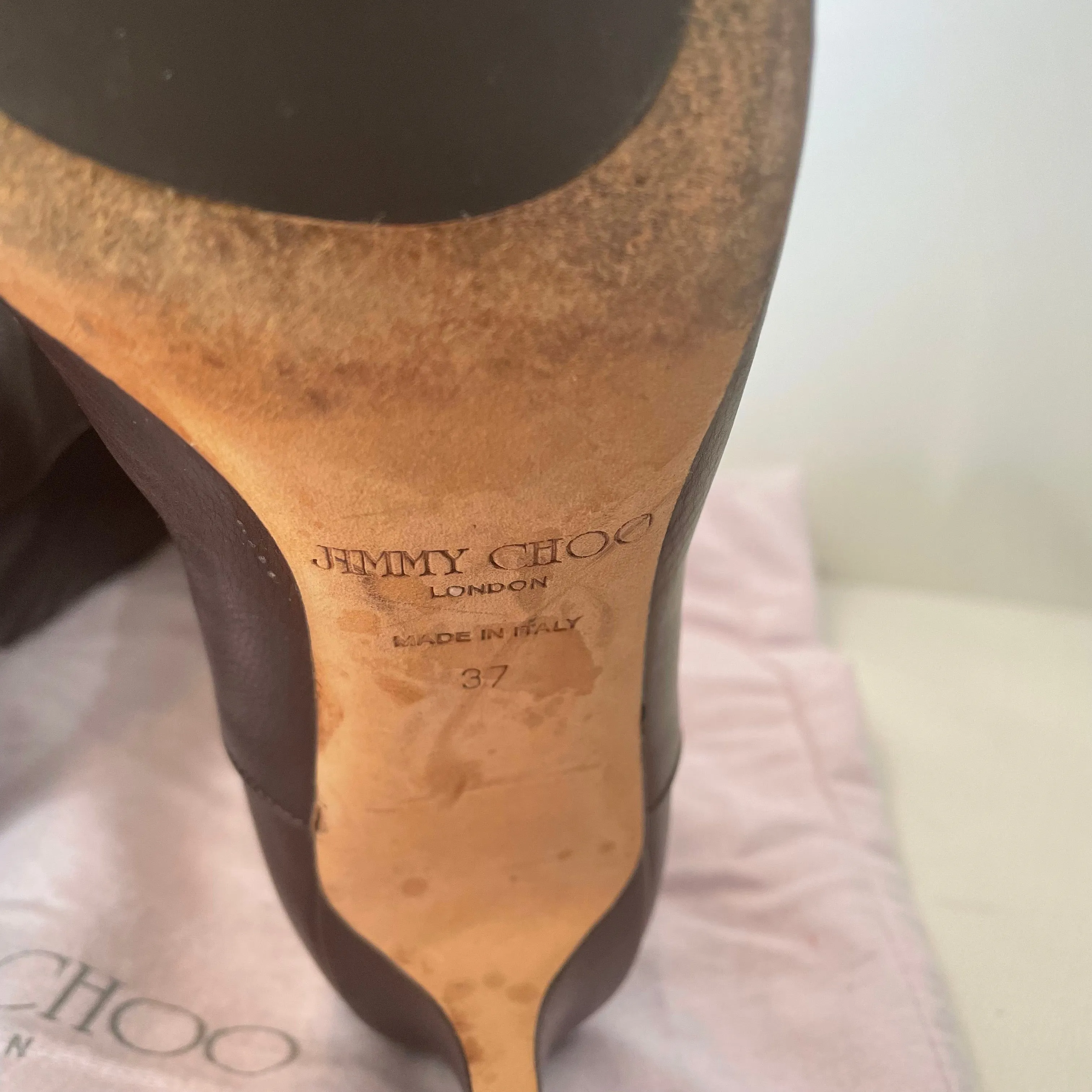 JIMMY CHOO Dark Brown Leather Knee High Boots Size 37 w/ Dustbag