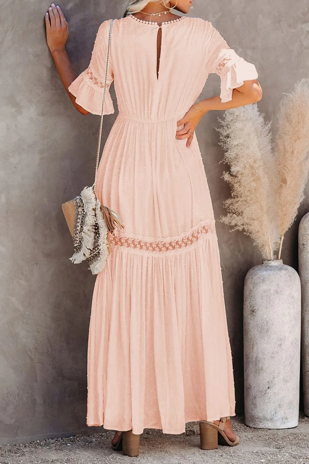 KaleaBoutique Stylish Swiss Dot Lace Trim Maxi Dress