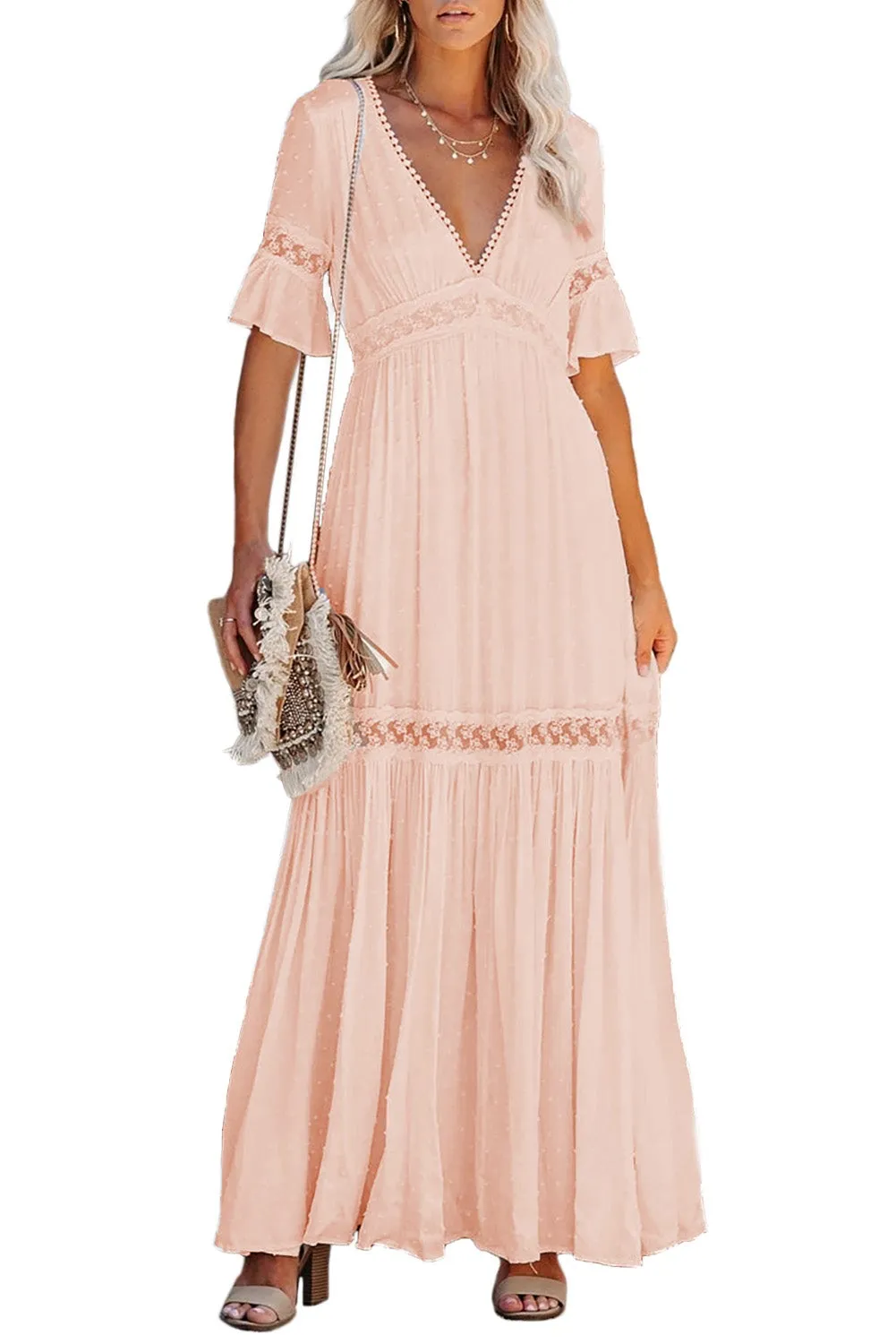 KaleaBoutique Stylish Swiss Dot Lace Trim Maxi Dress