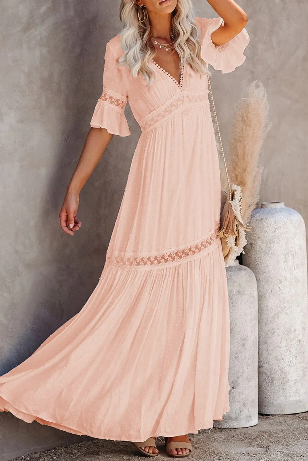 KaleaBoutique Stylish Swiss Dot Lace Trim Maxi Dress