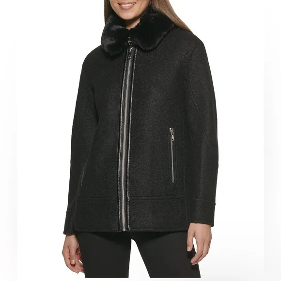 Kenneth Cole Women's Full Zip Fur Collar Boucle Wool Coat Sz Large MSRP $340 NWT