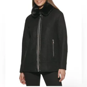 Kenneth Cole Women's Full Zip Fur Collar Boucle Wool Coat Sz Large MSRP $340 NWT