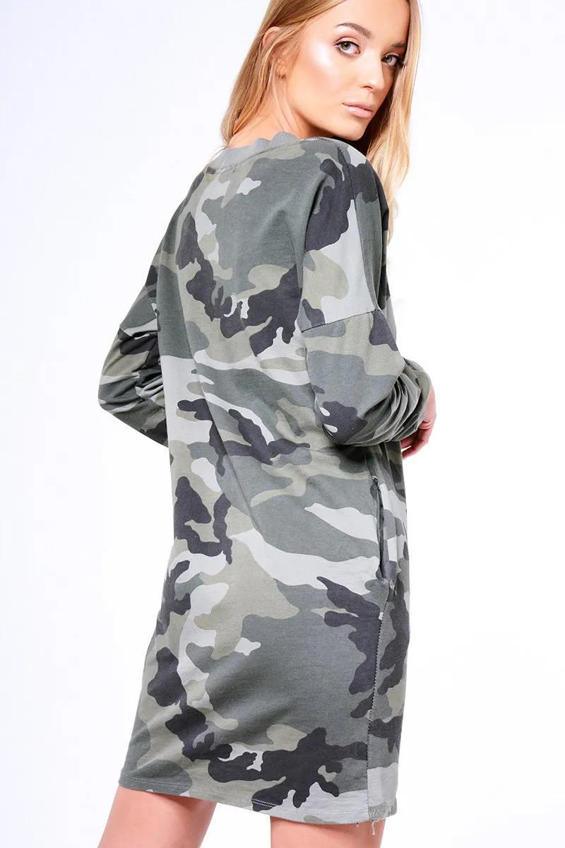 Khaki Camouflage Ribbon Lace Up Jumper Dress - Marlia