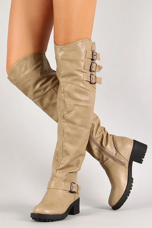 Khaki Triple Buckle Thigh High Boot