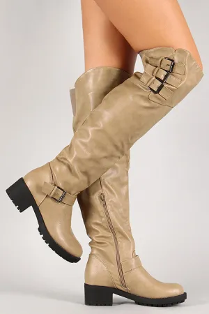 Khaki Triple Buckle Thigh High Boot