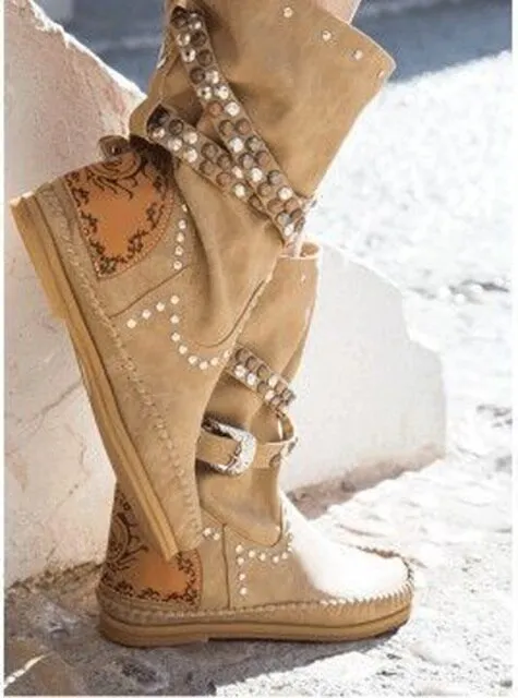 Ladies Rivets Studs Buckle Belt Mid-calf Boots