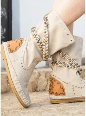 Ladies Rivets Studs Buckle Belt Mid-calf Boots