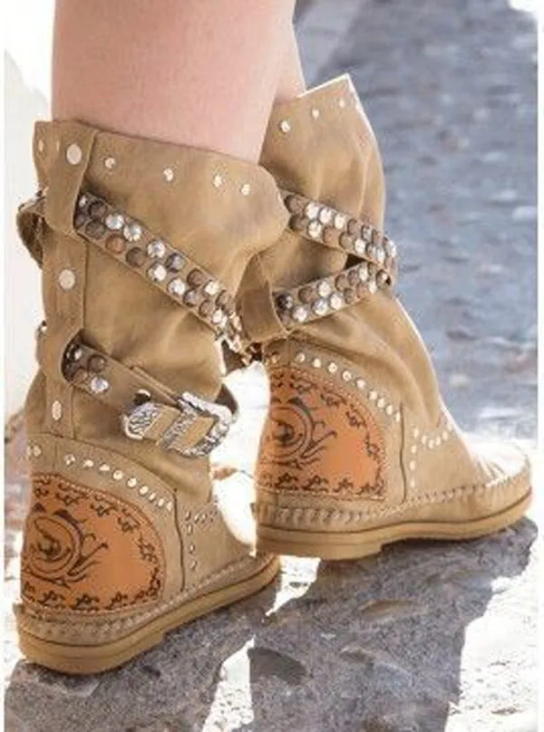 Ladies Rivets Studs Buckle Belt Mid-calf Boots