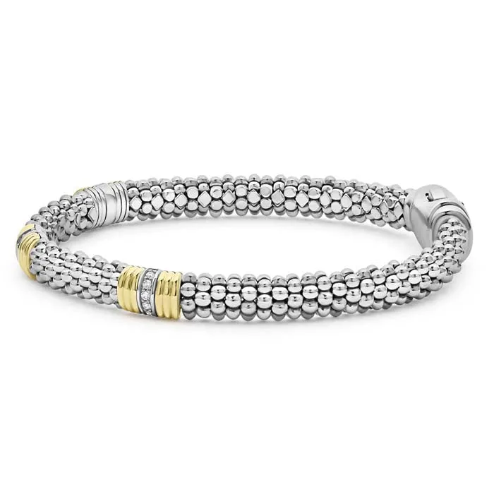 LAGOS Triple Diamond Station Caviar Bracelet in 18K Yellow Gold and Sterling Silver, 6MM