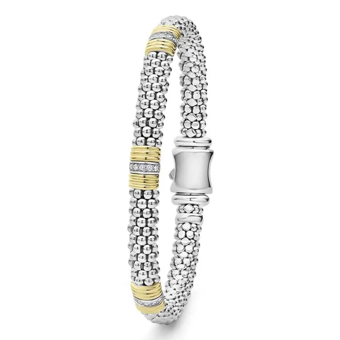 LAGOS Triple Diamond Station Caviar Bracelet in 18K Yellow Gold and Sterling Silver, 6MM