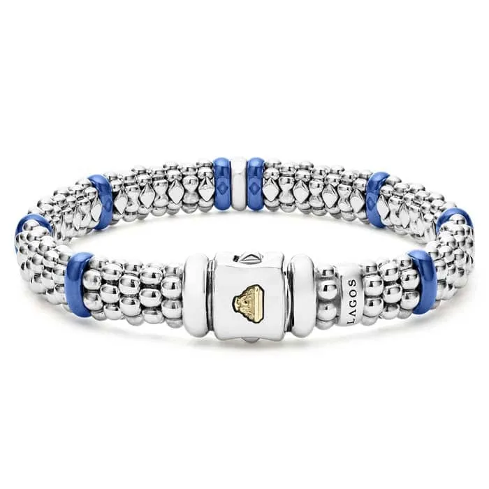 LAGOS Ultramarine Blue Ceramic Caviar Single Station Diamond Bracelet in Sterling Silver