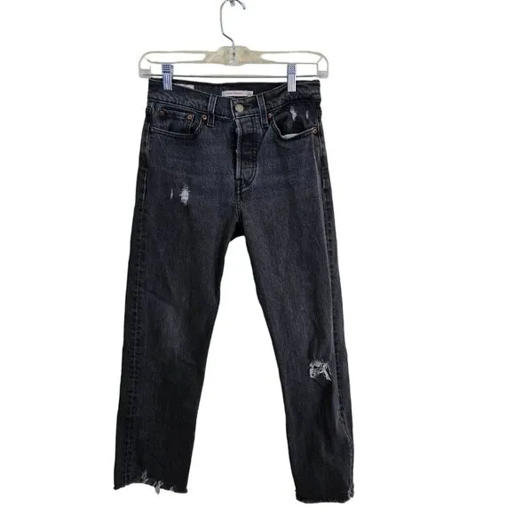 Levi's Wedgie Straight Premium Denim Raw Hem Black Wash Jeans Size 25