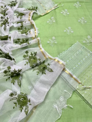 Light Green Hand Embroided Kota Doria Suit Fabric With Dupatta