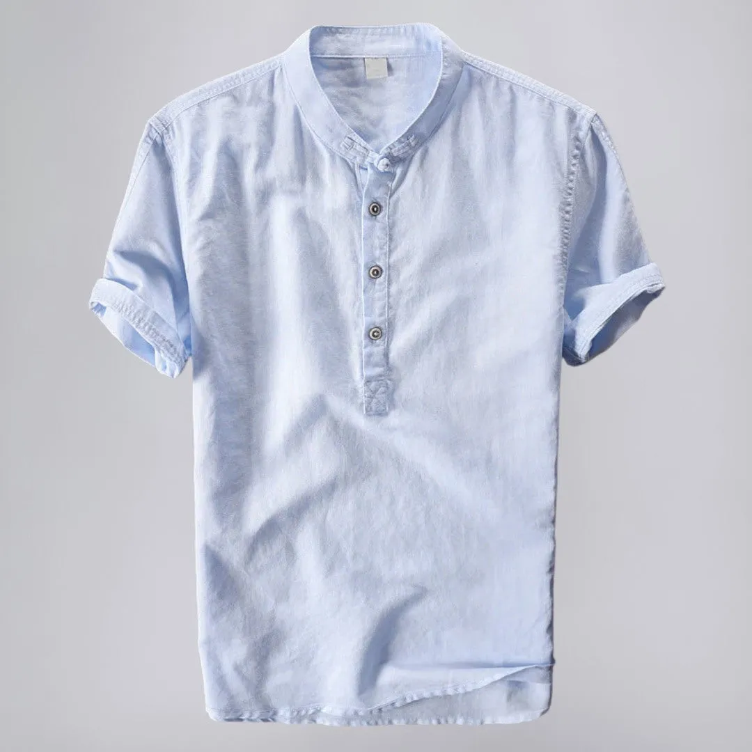 Linen Shirt in Mandarin Collar Short-Sleeve Design
