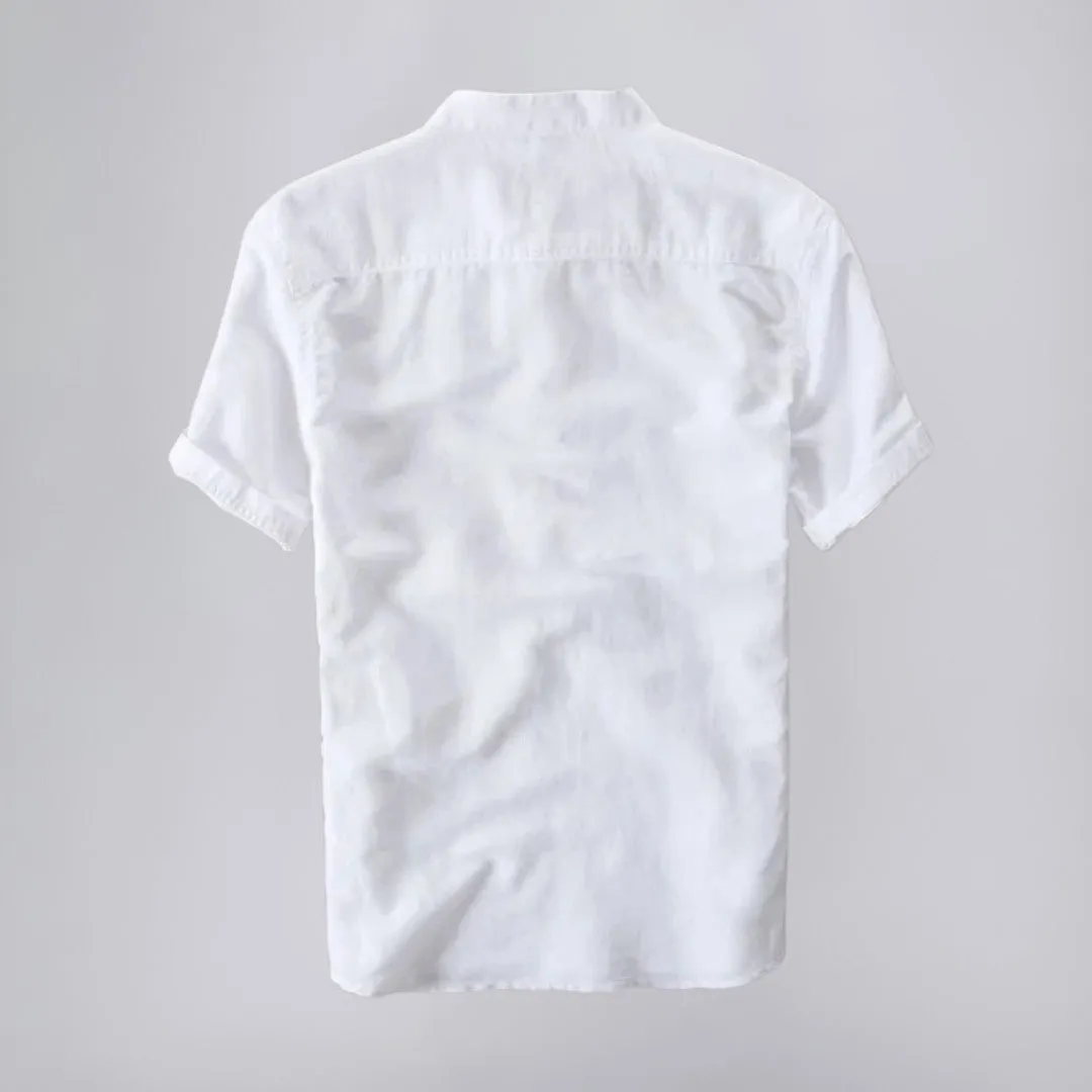 Linen Shirt in Mandarin Collar Short-Sleeve Design