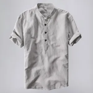 Linen Shirt in Mandarin Collar Short-Sleeve Design