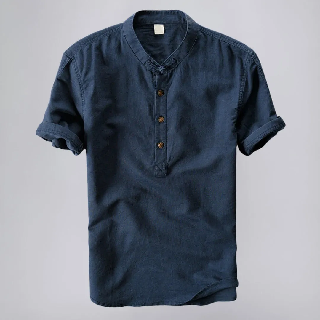 Linen Shirt in Mandarin Collar Short-Sleeve Design
