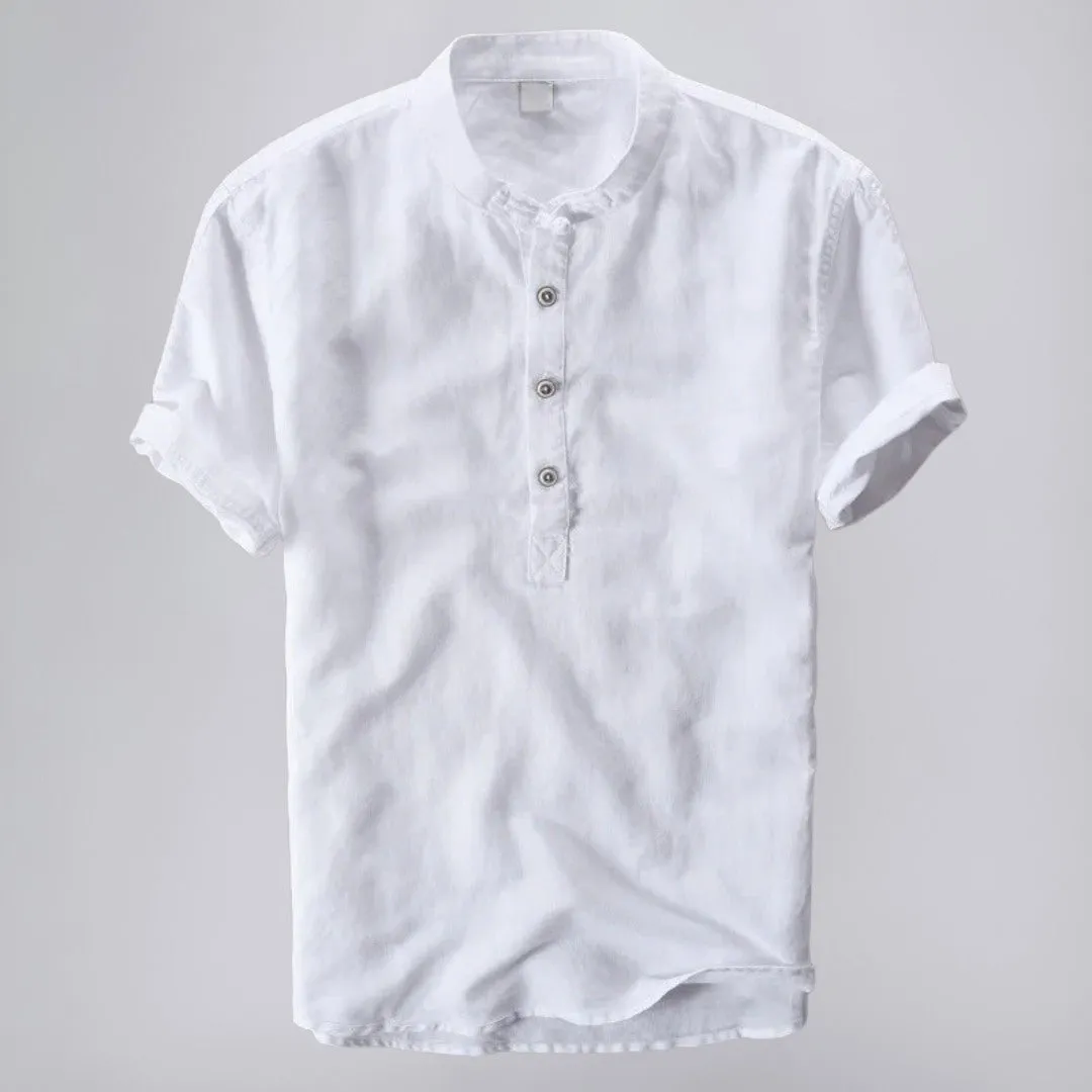 Linen Shirt in Mandarin Collar Short-Sleeve Design