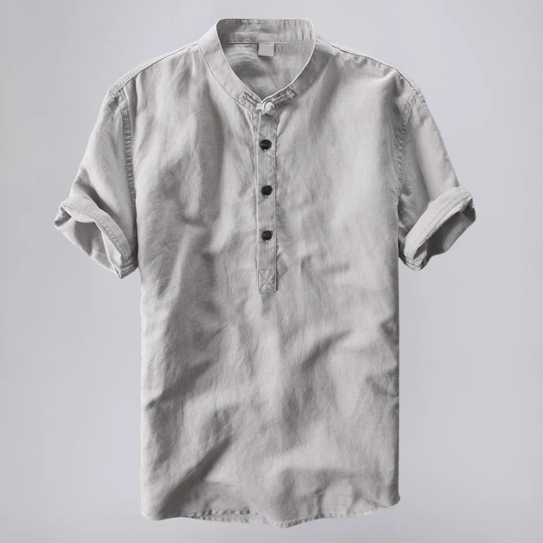 Linen Shirt in Mandarin Collar Short-Sleeve Design