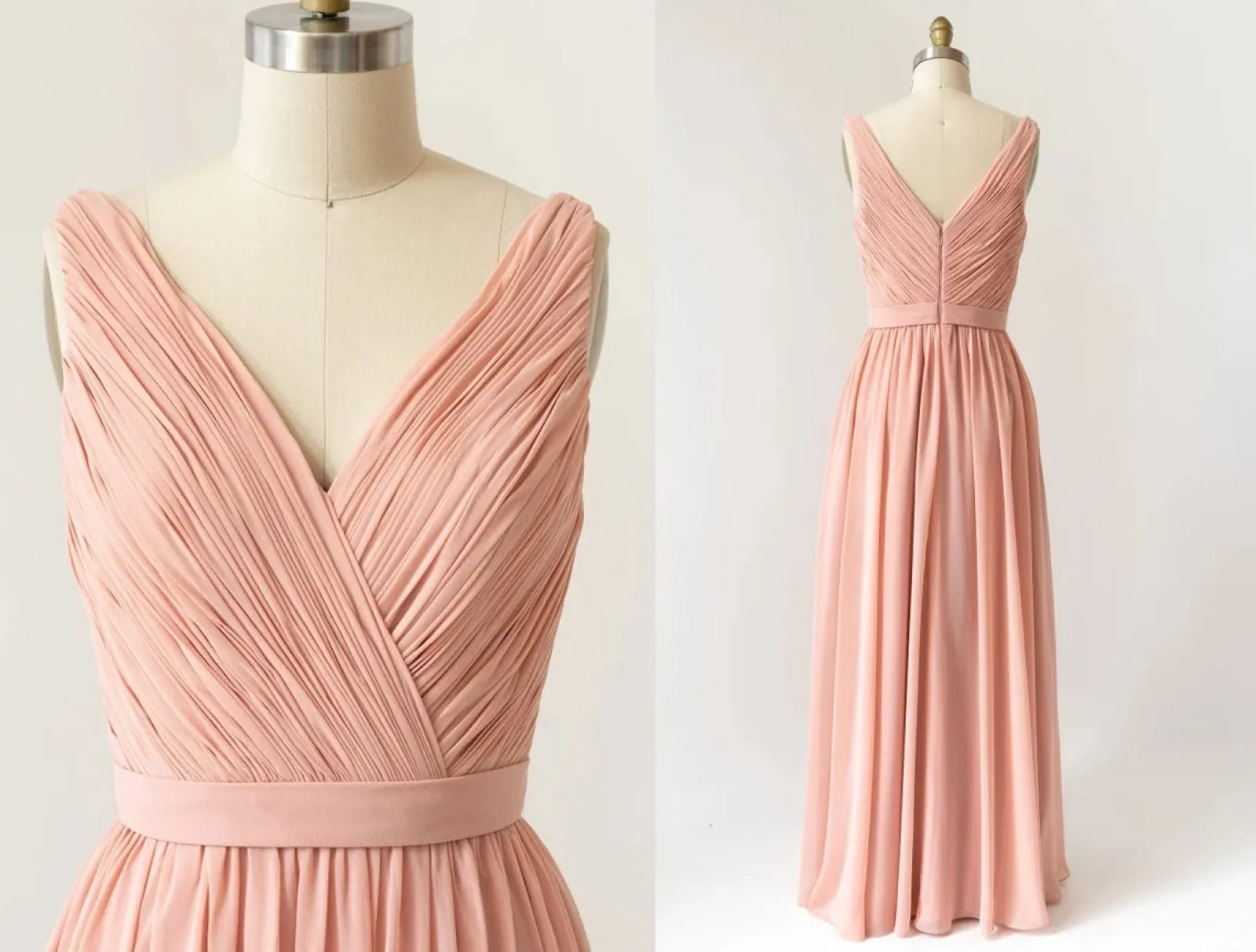 Long Crinkle V Neck Peach Chiffon Pleated Sleeveless Bridesmaid Dress