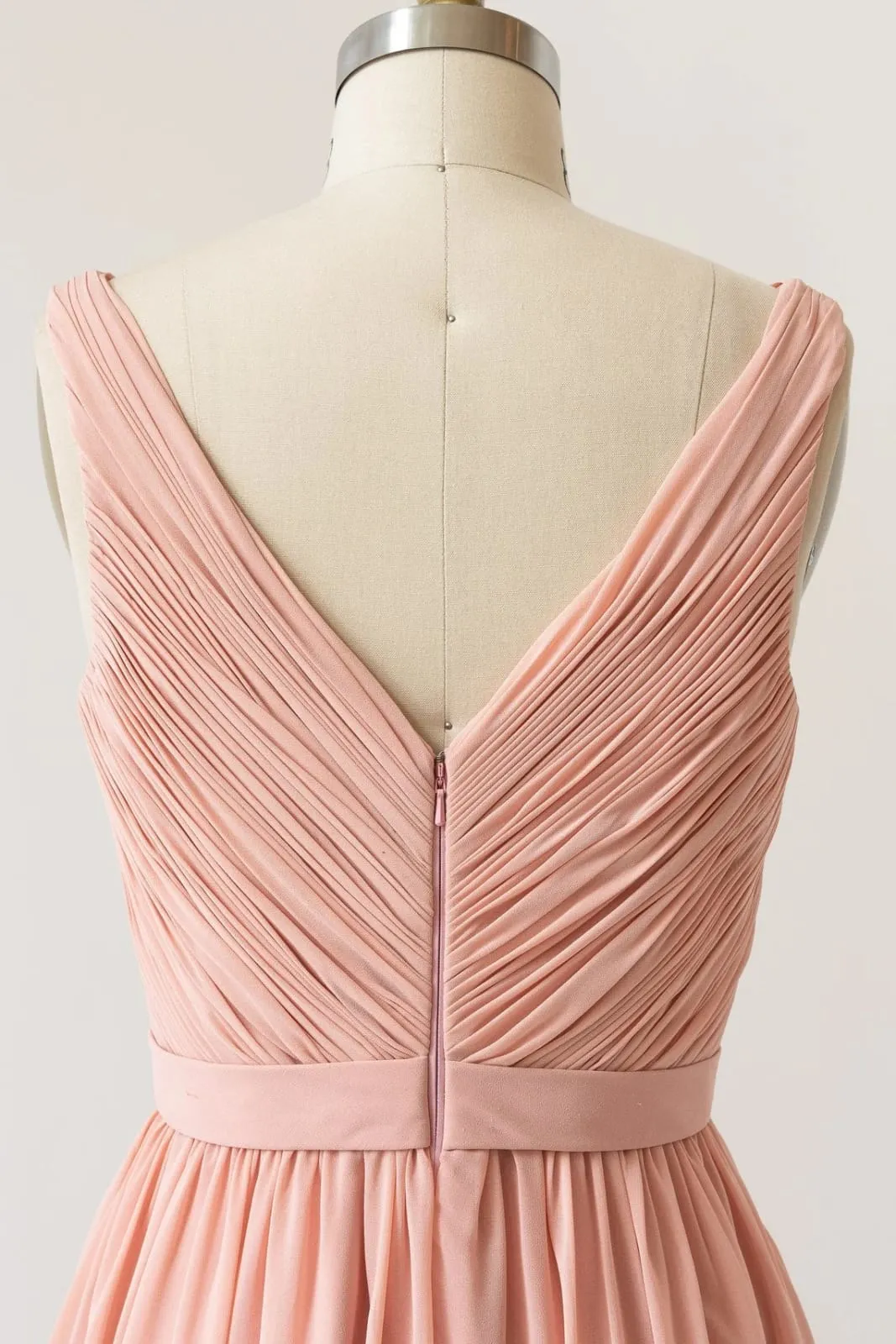Long Crinkle V Neck Peach Chiffon Pleated Sleeveless Bridesmaid Dress