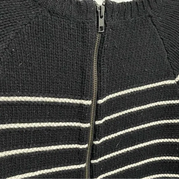 Madewell Palisade Stylish Black White Cable Stripe Merino Wool Back Zip Sweater