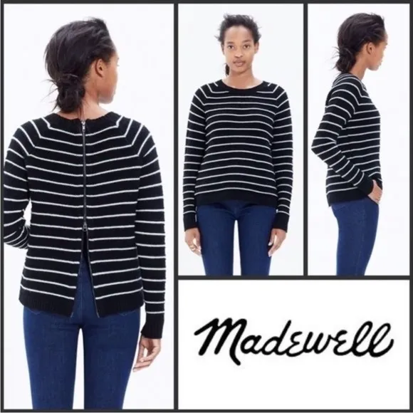 Madewell Palisade Stylish Black White Cable Stripe Merino Wool Back Zip Sweater