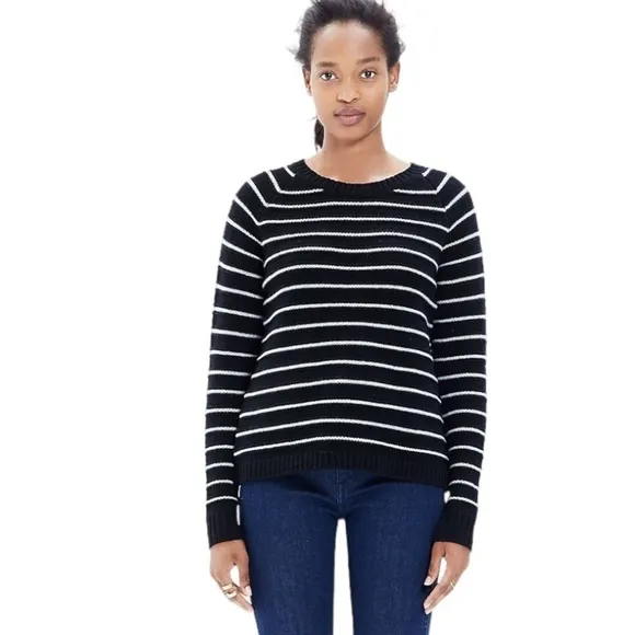 Madewell Palisade Stylish Black White Cable Stripe Merino Wool Back Zip Sweater