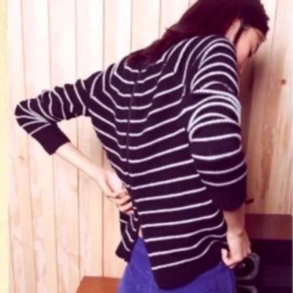 Madewell Palisade Stylish Black White Cable Stripe Merino Wool Back Zip Sweater