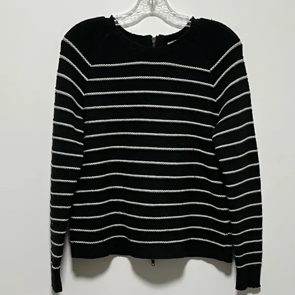 Madewell Palisade Stylish Black White Cable Stripe Merino Wool Back Zip Sweater