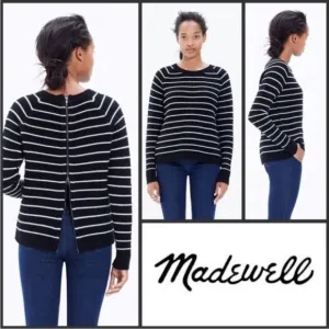 Madewell Palisade Stylish Black White Cable Stripe Merino Wool Back Zip Sweater