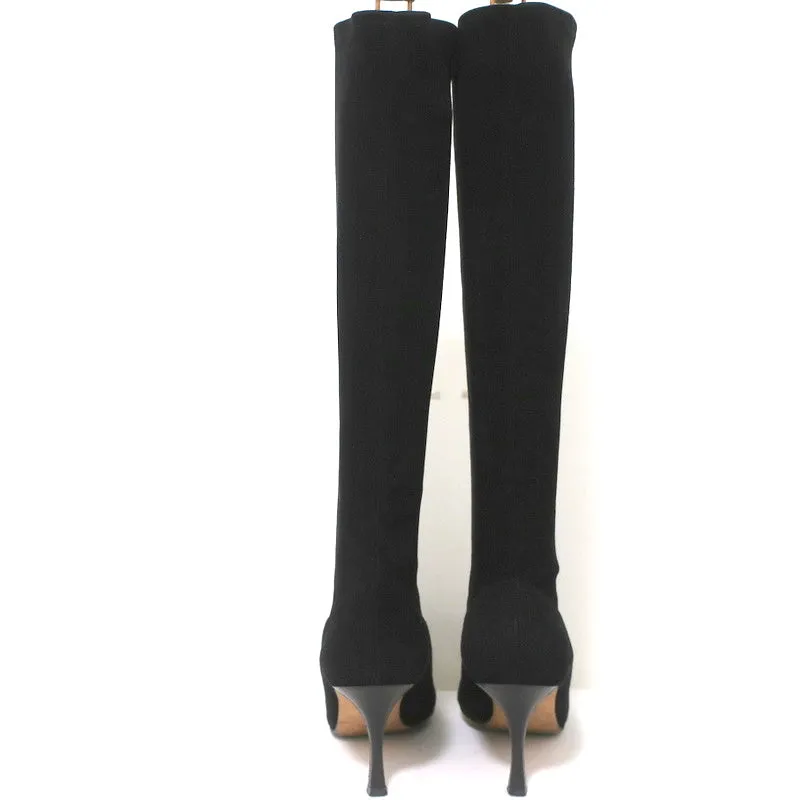 Manolo Blahnik Pascalare Knee High Boots Black Stretch Suede Size 38.5