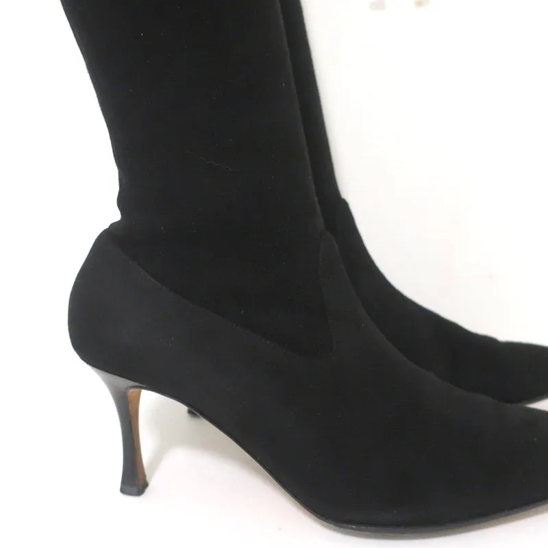Manolo Blahnik Pascalare Knee High Boots Black Stretch Suede Size 38.5