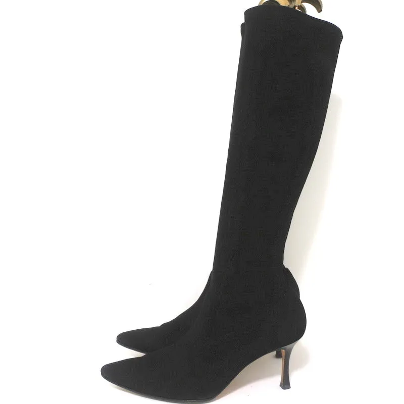 Manolo Blahnik Pascalare Knee High Boots Black Stretch Suede Size 38.5