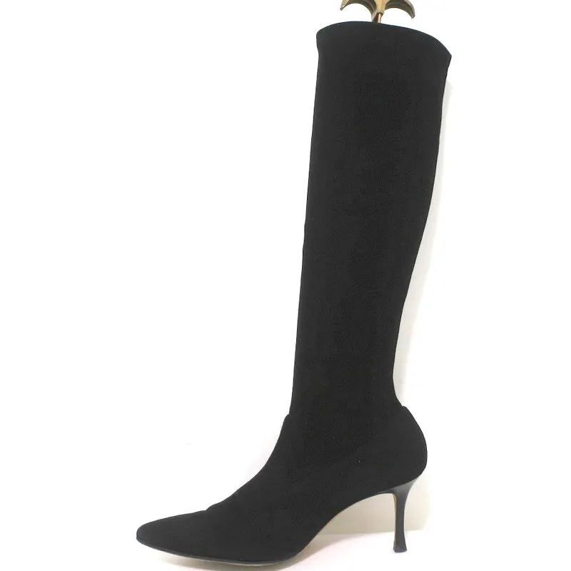 Manolo Blahnik Pascalare Knee High Boots Black Stretch Suede Size 38.5