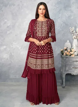 Maroon and Gold Heavy Embroidered Stylish Palazzo Suit