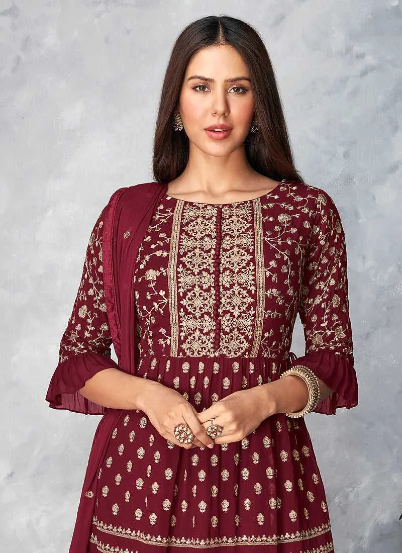 Maroon and Gold Heavy Embroidered Stylish Palazzo Suit