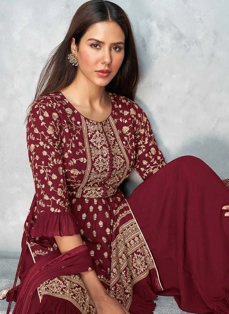 Maroon and Gold Heavy Embroidered Stylish Palazzo Suit