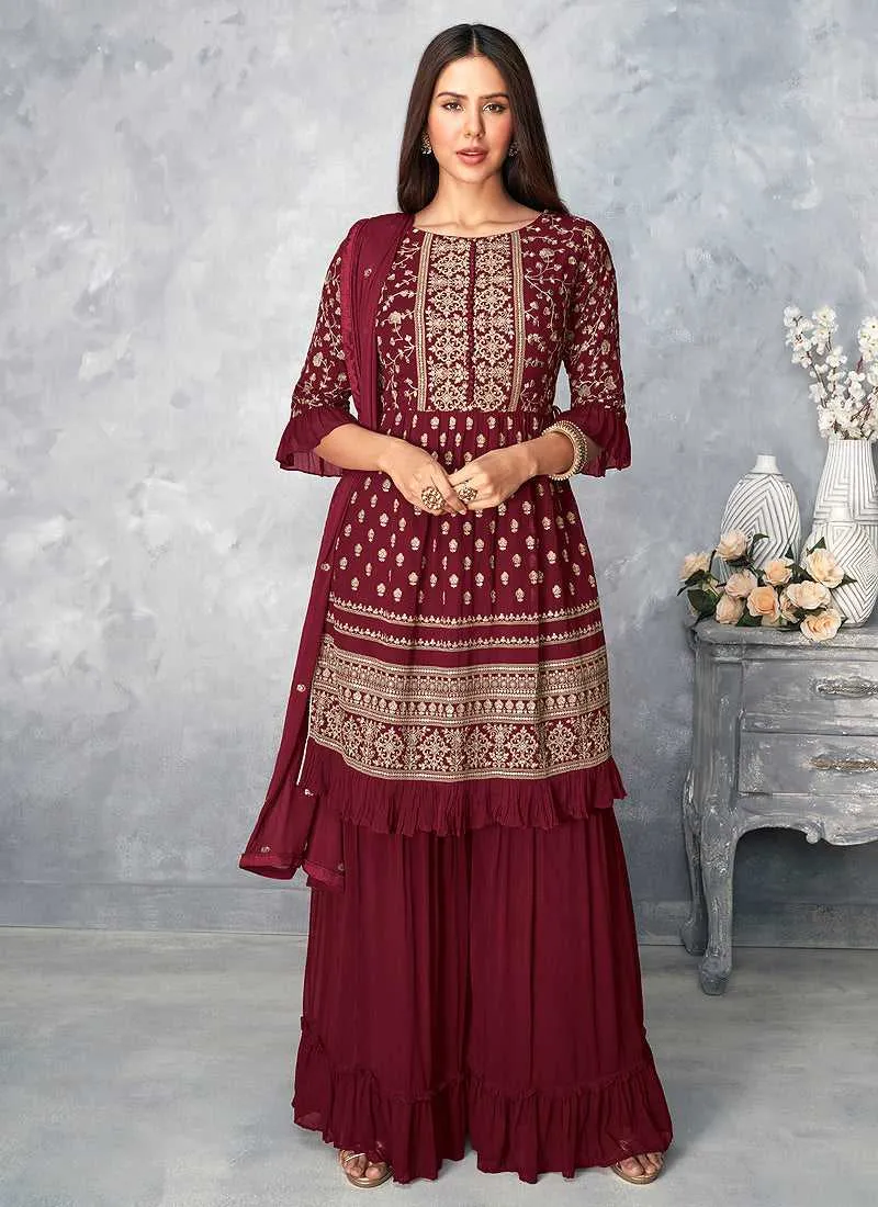 Maroon and Gold Heavy Embroidered Stylish Palazzo Suit