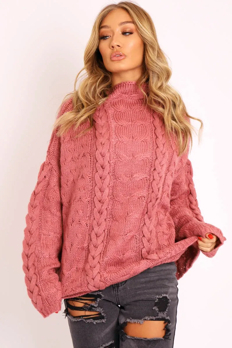 Mauve Cable Knit High Neck Oversized Jumper - Kiyla