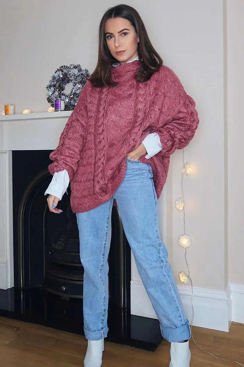 Mauve Cable Knit High Neck Oversized Jumper - Kiyla